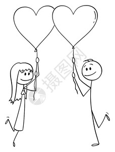 手画气球素材矢量卡通棒图绘制异恋男女在约会时持有心形气球和微笑的概念插图插画
