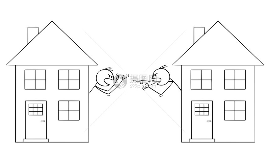 矢量卡通棒图描绘两个男人或邻居从家庭的窗口看争吵或打架的概念插图图片