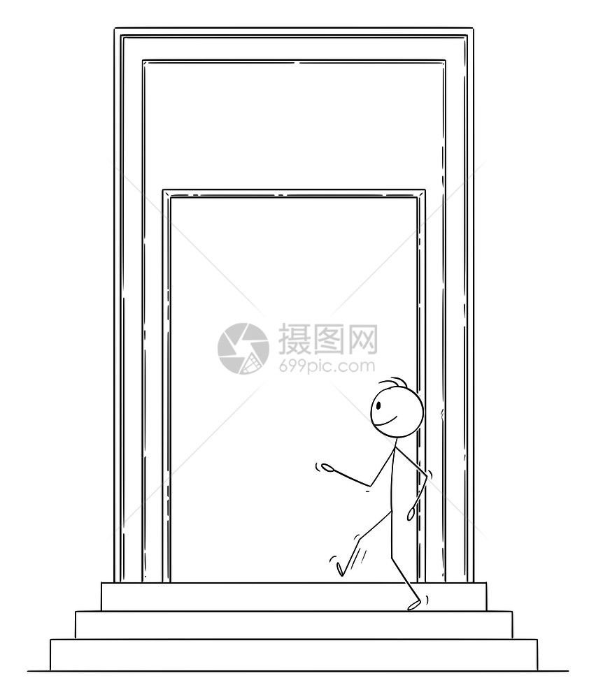 矢量卡通棒图绘制自信的人或商穿过大门进入一些楼的概念图图片