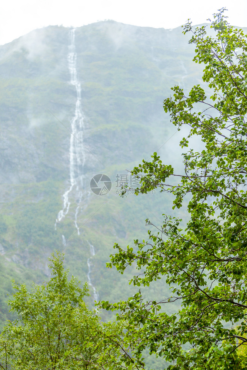 山上瀑布雾雨日美丽的绿色夏季风景旅行和游山地雾日挪威的瀑布图片