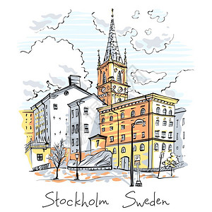 瑞典斯德哥尔摩市政厅瑞典首都斯德哥尔摩老城RiddarholmenGamlaStan的矢量草图瑞典斯德哥尔摩Riddarholmen插画