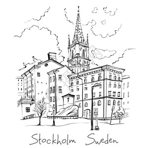 马提亚斯教堂瑞典首都斯德哥尔摩老城RiddarholmenGamlaStan的矢量草图瑞典斯德哥尔摩Riddarholmen插画