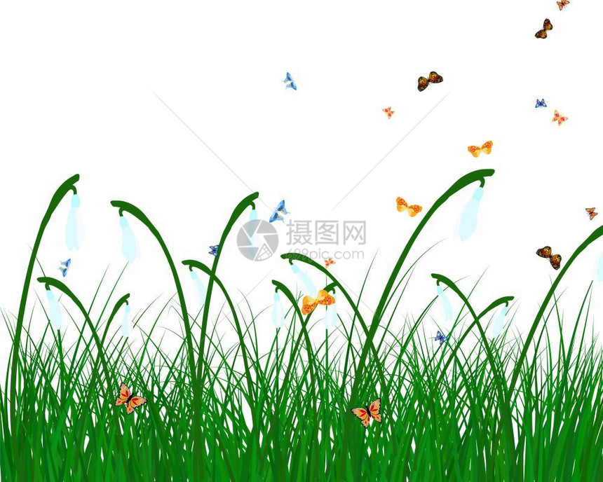 带蝴蝶和太阳的草地颜色背景所有对象都分开透明地向导插图Eps10图片