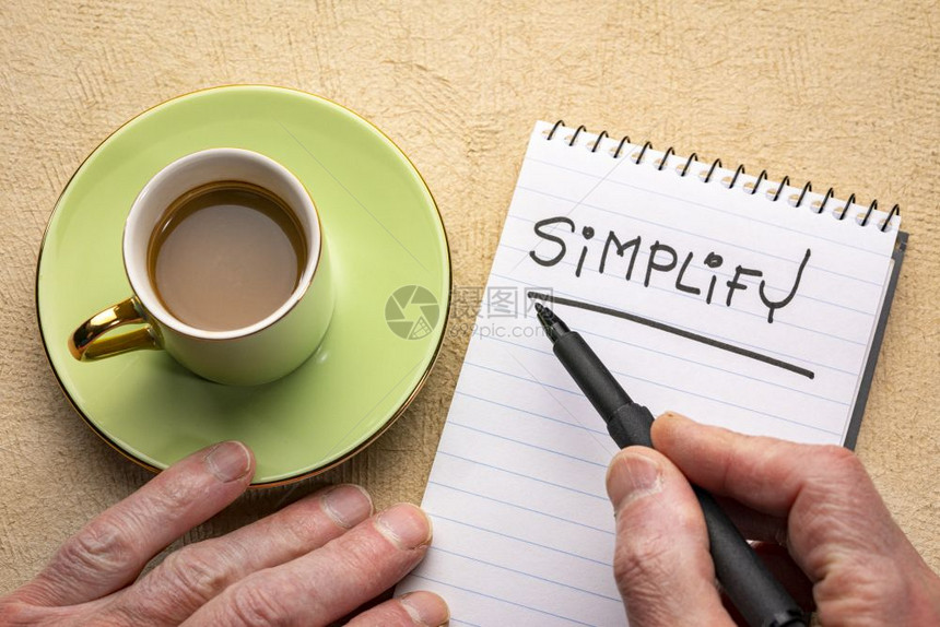 简化单词男人用手写纸条黑标记写在螺旋笔本上用咖啡杯图片