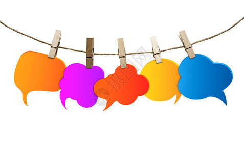 绳子卡通孤立的有色语言泡沫社交网络Gossip聊天和交流信息空气球组挂在绳子上的云和衣物背景