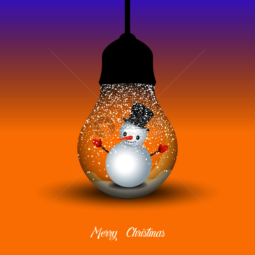 圣诞快乐创意设计挂灯泡和雪人图片