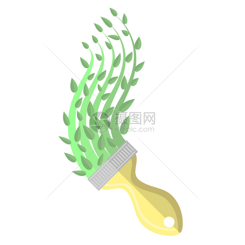 画笔和绿春时概念孤立在白背景上种植绿叶物画笔和绿种植叶物图片