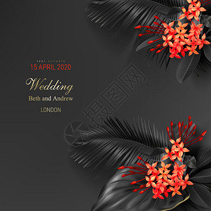 热带黑叶和深矢量背景的外来红花美丽的植物设计配有热带丛林叶金雕刻婚礼邀请卡圣诞节问候热带黑叶和外来红花背景图片