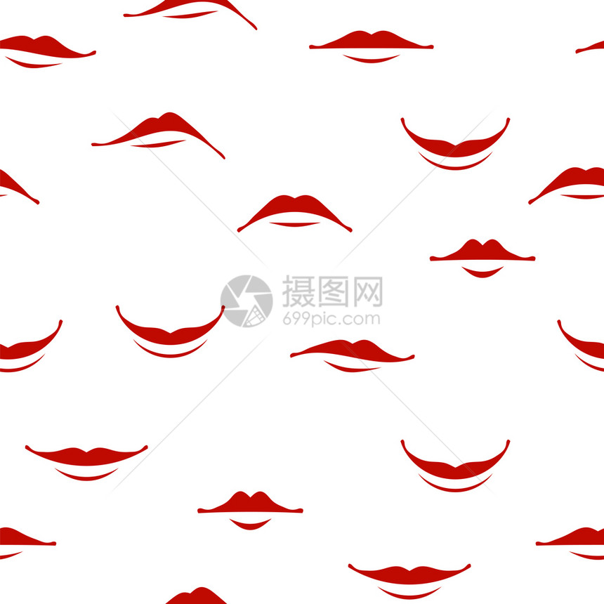 白色背景上孤立的无纸笑唇缝模式一套红女嘴不同的面部表达方式不同的面部表达方式对口腔护理的人类意识卡通微笑唇无缝模式红女嘴面部表达图片