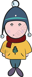 一名身着暖冬衣的男孩在毛矢量彩色图画或插上印有节日头帽红围巾和圣诞树图片