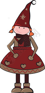 一个大红帽子的洋娃穿着红礼服用于圣诞矢量彩色画或插图背景图片