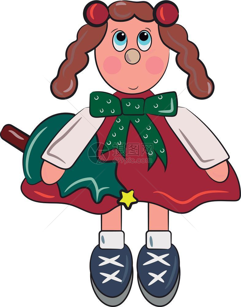 红裙子洋娃在手矢量的彩色绘画或插图中拿着圣诞树图片