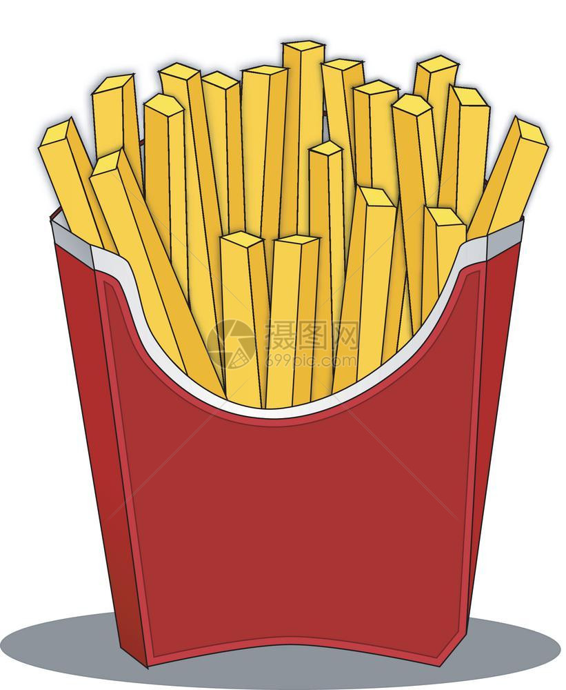 红纸上一份长的薯条作为箱式矢量彩色图或插图片
