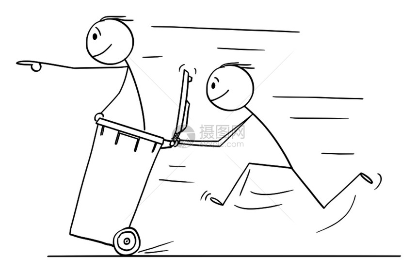 卡通推着用垃圾桶作为交通工具的火柴人矢量插图图片