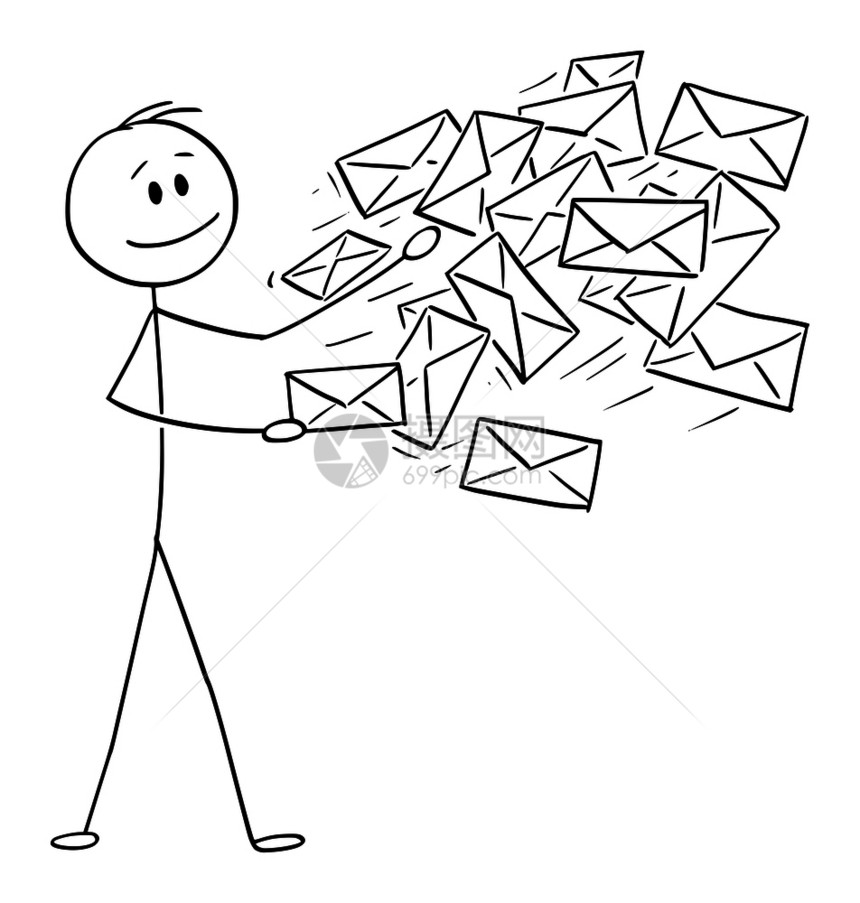 矢量卡通插图绘制邮递员男子或商人发送邮局信封的概念插图图片