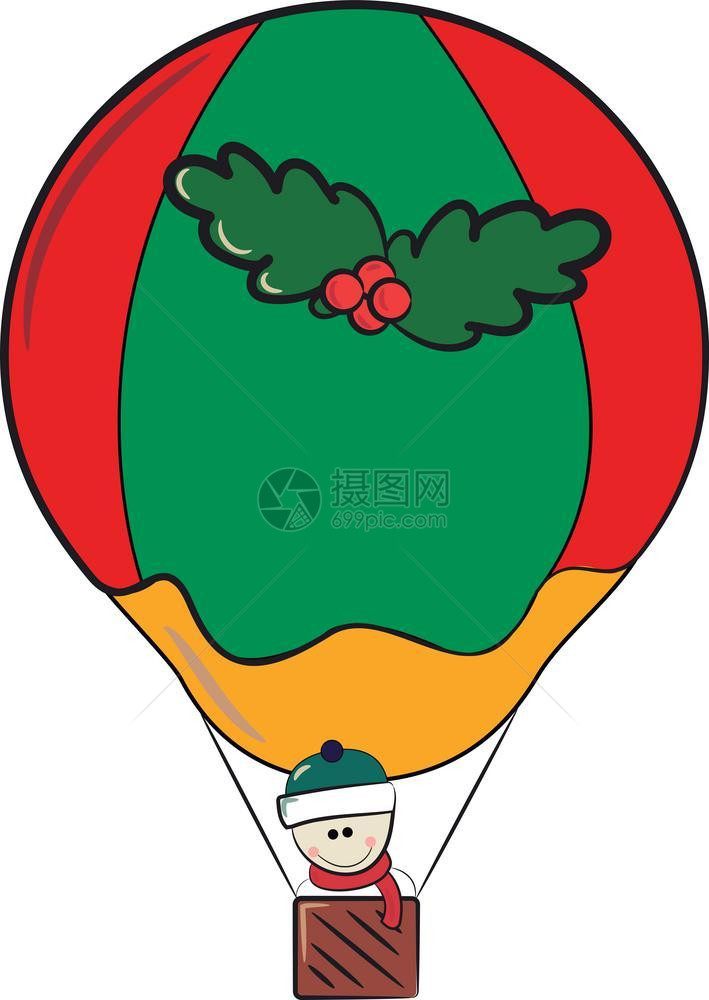 身戴围巾和帽子的雪人乘坐红绿气球旅行配有花圈矢量彩色图画或插配有花圈矢量彩色图画或插图片