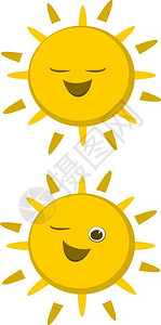两颗黄色太阳其中一颗是闭着眼睛的太阳另一颗是睁着只眼睛的太阳另一颗是闭着眼睛的矢量彩色图画或插背景图片