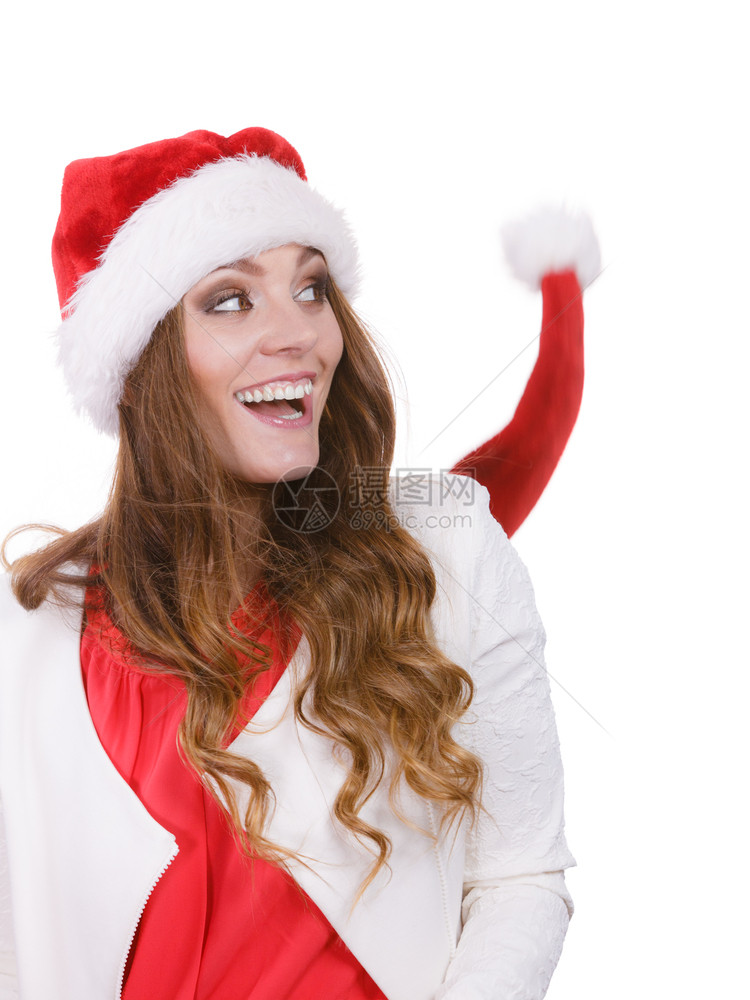 穿着圣达克萨斯帽子的女士自由而快乐地笑着欢的快乐女孩圣诞时光工作室拍到白人穿着圣达克萨斯帽子的女士自由而快乐地笑着图片
