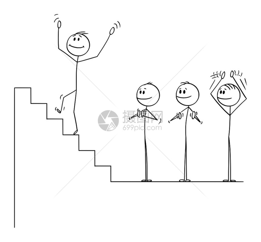 向量卡通画插图描绘了商人爬上楼梯跌到深渊的概念图而商业团队则在鼓掌图片