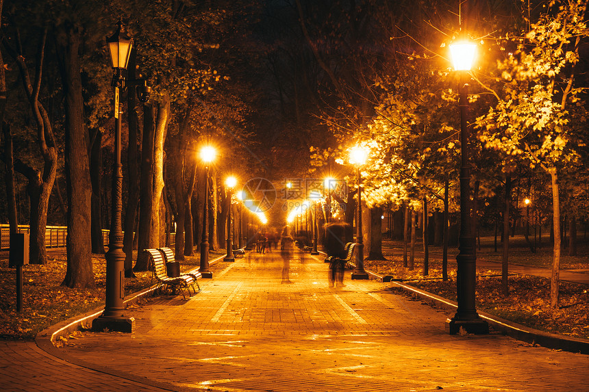 夜间城市公园木板街灯和公园小巷图片