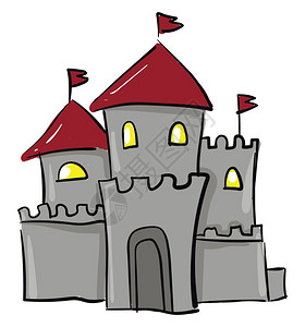 灰色城堡有三个塔四灯光窗口矢量彩色画或插图背景图片