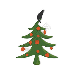 黑猫坐在绿色圣诞树上面背景图片