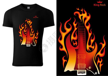T恤设计与燃烧吉他莫蒂夫合着的黑T恤插画