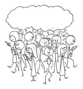 矢量卡通棍图绘制一组人或行在街上走的概念图使用移动电话或手机共同思考一些事情背景图片