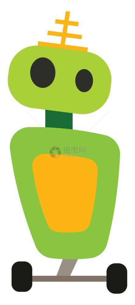 绿色机器人顶层矢量颜色绘图或插上有两个轮子和一黄色天线的绿机器人图片