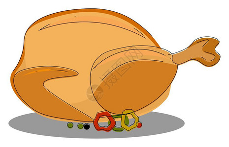 带洋葱的全烤鸡加用于触摸矢量颜色绘画或插图图片