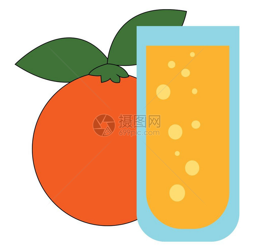 一杯新鲜橙汁加子果旁边有矢量彩色绘画或插图图片
