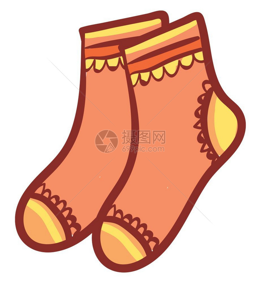 一双橙色袜子带有设计矢量颜色图画或插图片