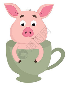 卡通可爱小猪坐在茶杯里矢量插图图片