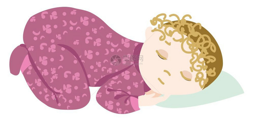 一个可爱的婴儿穿着洋红睡衣觉向量彩色画或插图图片