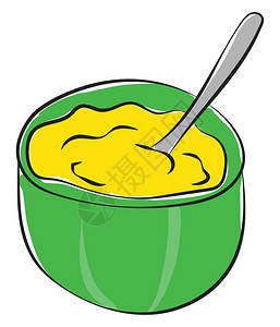 卡通巨型绿碗配有银勺子满土豆泥的黄色准备受品味矢量彩色绘画或插图图片