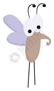 双奥之城卡通棕色蚊子带有奥瓦尔形的紫身体色翅膀双振动的眼天线看起来快乐而站立的矢量颜色图画或插插画