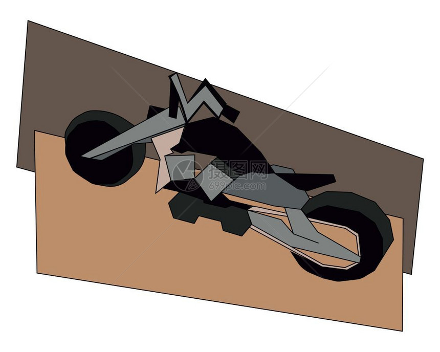 一辆黑色的双轮两机动车轮手和发动机站在倾斜棕色坡形矢量彩图或示上图片