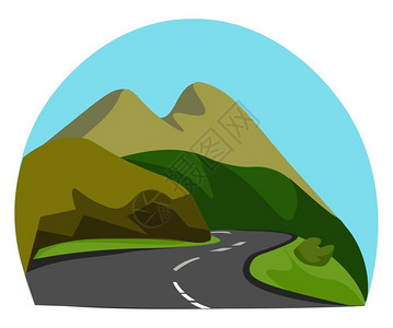山地道一条鲜有棕山和绿灌木的地道路肖像一个清蓝的天完成背景矢量颜色图画或插插画