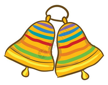 寺庙钟声素材绘画两个响亮的金铃配有多彩波带设计挂在一起并同金属环矢量颜色图或插上插画