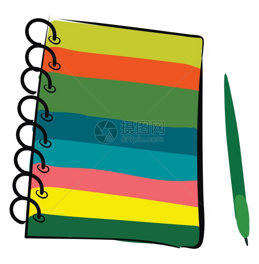 多色有线穿笔记本和绿色彩的剪贴板左开一针没有盖矢量颜色图画或插图片