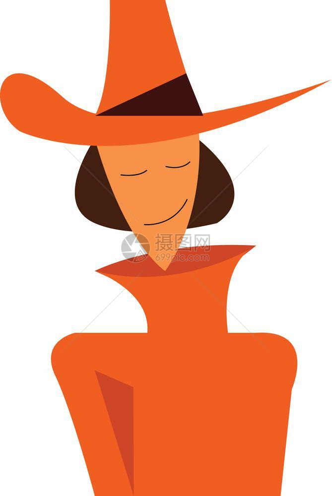 一名年轻妇女穿着橙色毛衣和牛男帽以击败冷病媒颜色图画或插图片