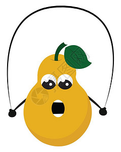 卡通有趣的图片黄梨水果有两个大眼睛滚下张嘴开玩耍跳绳矢量彩色画或插图图片