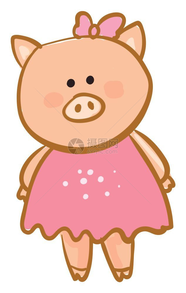 粉红裙子和弓状发夹的可爱小猪绘画看起来很快乐同时站立矢量彩色绘画或插图图片