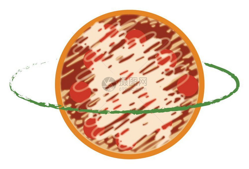 环绕披萨的椭圆轨道带有番茄和芝士象征着披萨星球矢量彩色图或插图片