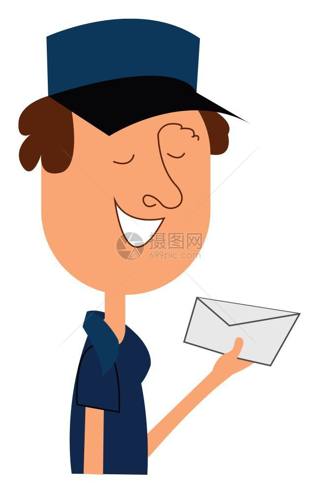 身穿制服的邮差滑板手持信封站着笑用眼睛闭的矢量彩色图画或插图片