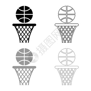 篮球填色图标篮球洞网和图标大纲设置黑色灰矢量说明平板风格简单图像背景