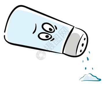 玻利维亚盐蓝色盐汁罐的食道银螺帽上少有孔的蓝色盐汁罐头食道表示悲哀同时倾斜以配合菜盘矢量的彩色绘画或插图插画