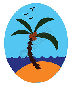 海棕榈树冠上有长羽或扇形叶的树冠在陆地上几乎没有椰子在天空矢量的彩色绘画或插图上飞高的鸟类也寥无几图片