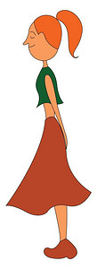 穿着短绿色上衣长漂浮棕色裙子和靴的漂亮女孩用橙色矢量彩图画或插来染发图片
