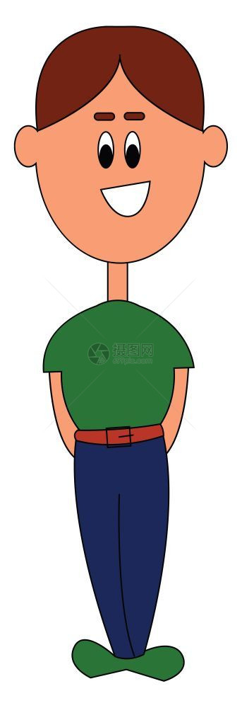 一个穿着绿色衬衫和棕皮带的男孩穿着绿色衬衫和棕皮带穿着蓝裤子穿着绿鞋子笑着同时站立矢量彩色图画或插图片